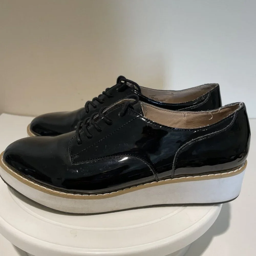 Steve Madden Patent Leather Oxford Shoes Women's 6 Black Platform Dark Academia